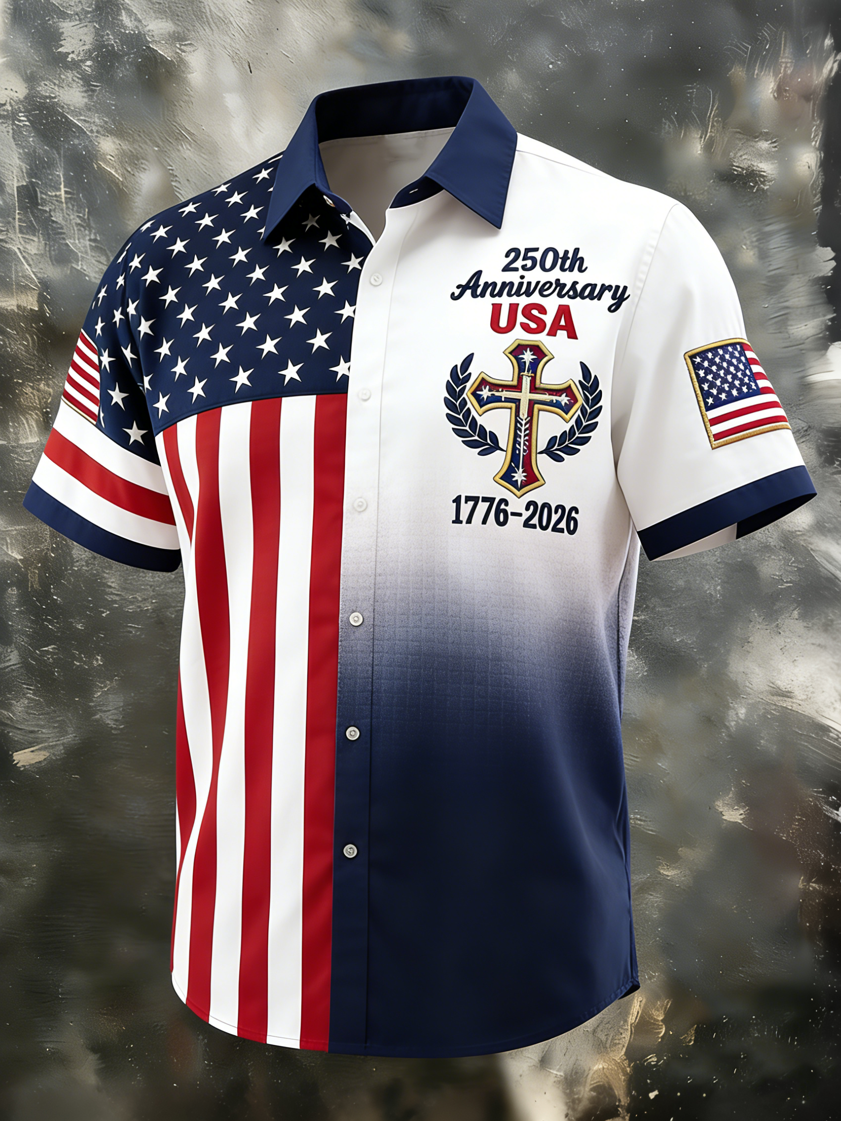 Men'S Casual 250Th Anniversary Of The Founding Of The United States Printed Button Down Short Sleeved Shirt
