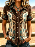 Western Style Floral Belief Embroidered Printed Short Sleeved Shirt