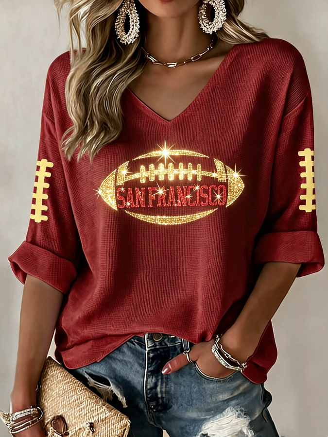 Women'S Football Print Waffle  Top