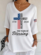 Women's God Family Country Flag Cross V Neck 3/4 Sleeve Casual Tee