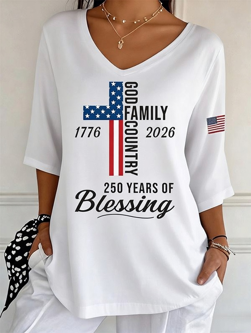Women's God Family Country Flag Cross V Neck 3/4 Sleeve Casual Tee