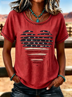 Women'S Casual Cotton And Linen Heart-Shaped Hollow T-Shirt