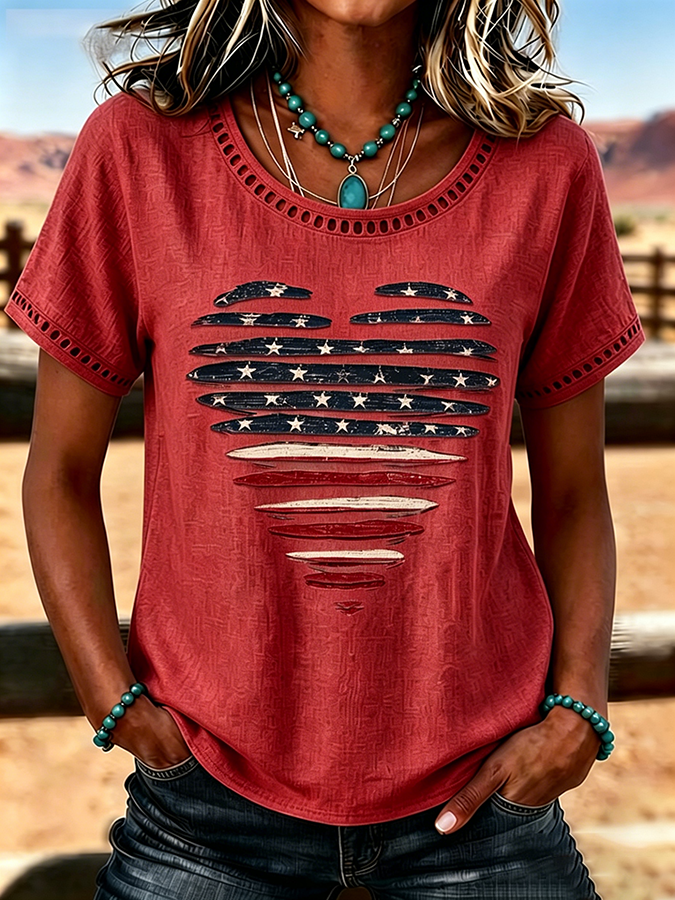 Women'S Casual Cotton And Linen Heart-Shaped Hollow T-Shirt