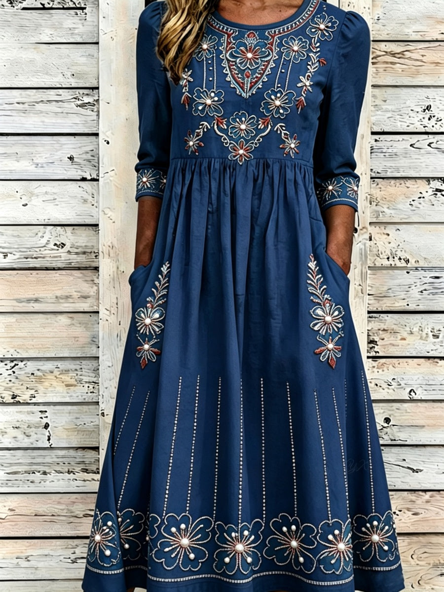 Vintage Western Floral Print Women's Long-Sleeve Linen Maxi Dress