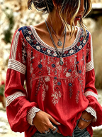Women's Vintage American Flag Floral Art Cotton-Linen Shirt