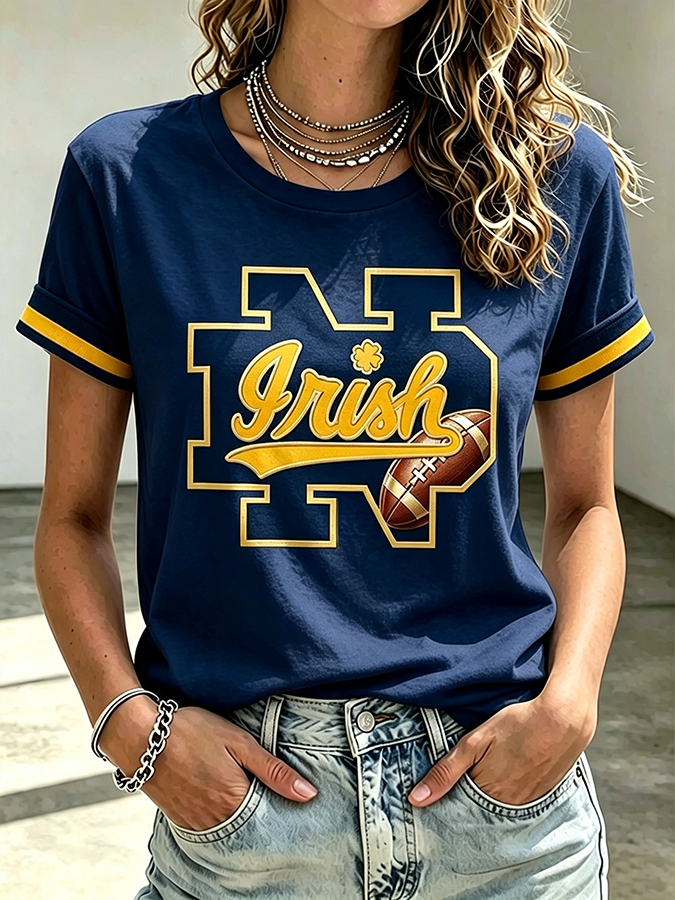 Women'S Rugby Printed Round Neck Short Sleeved T-Shirt