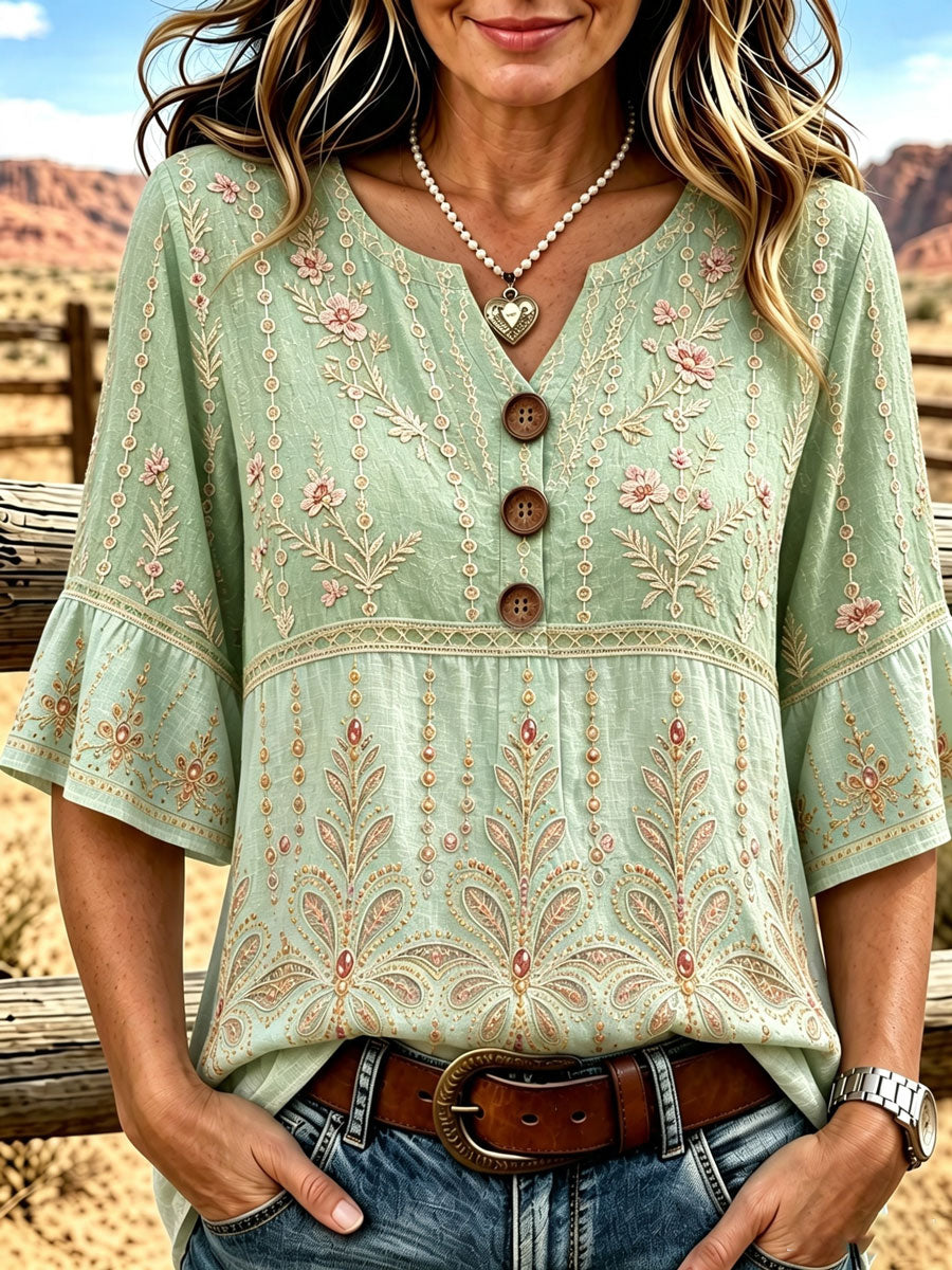 Ladies' Western Style Cotton Linen Casual Top