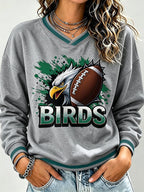Women's Football Print V-Neck Color Block Sweatshirt