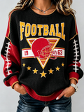 Women's Waffle Football Fan Print Crew Neck Check Sweatshirt