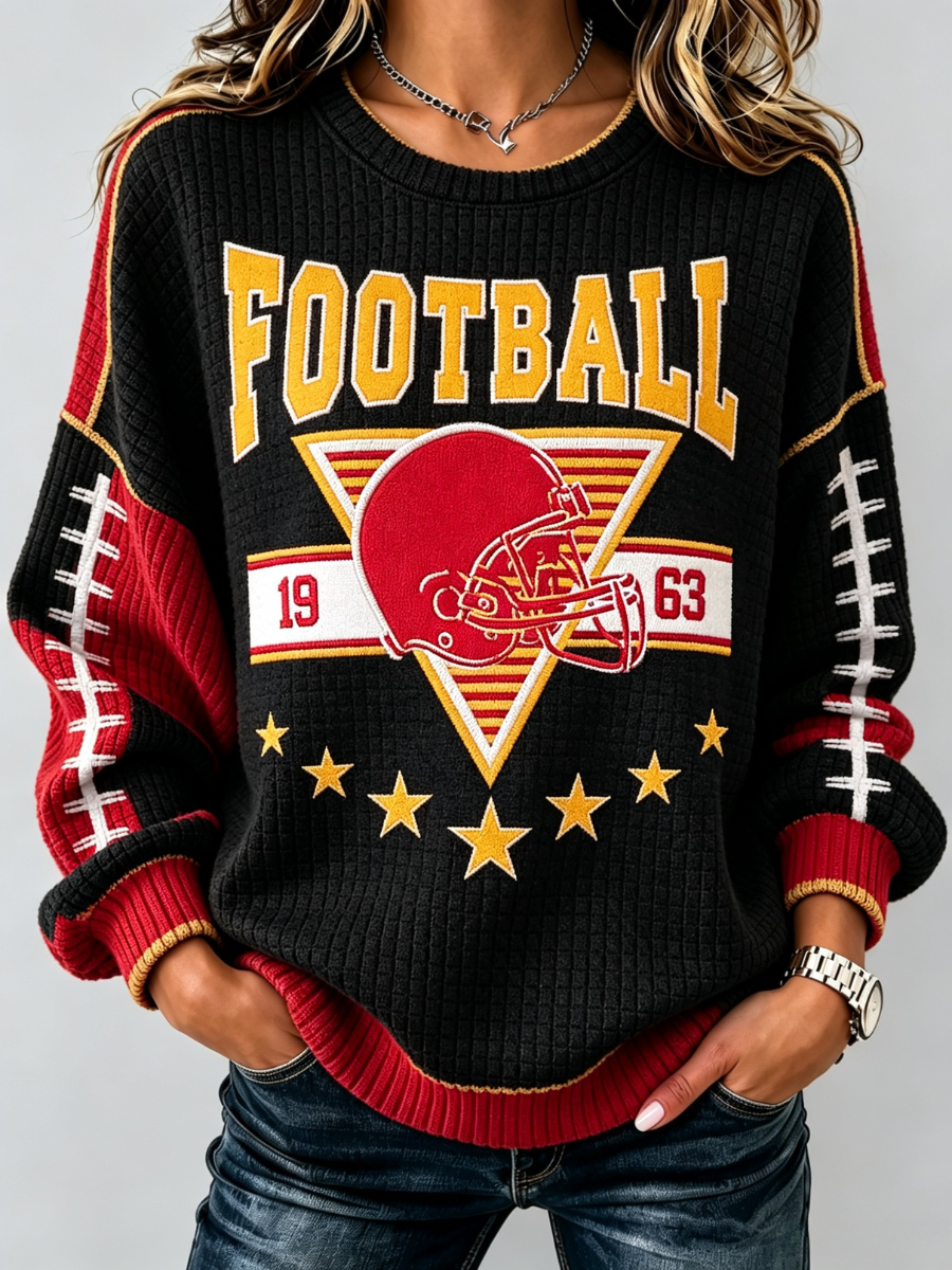 Women's Waffle Football Fan Print Crew Neck Check Sweatshirt