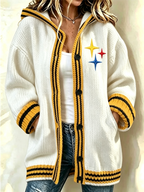 Women'S Football Printed Casual Knitted Hooded Cardigan