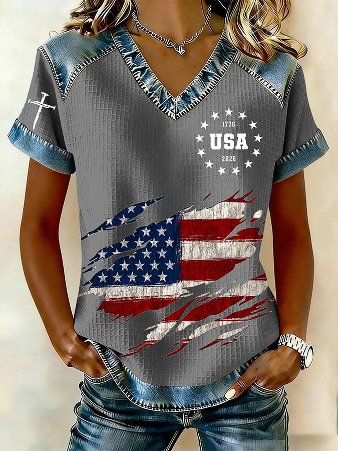 Women'S Retro American Independence Day 250Th Anniversary Printed V-Neck Short Sleeved T-Shirt