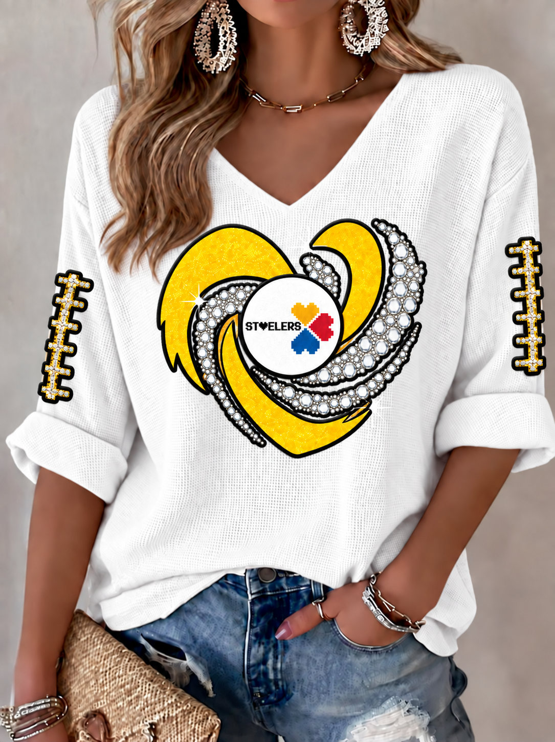 Women's Football Printed V-Neck T-Shirt