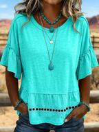 Women's Retro Art Solid Color Splicing T-Shirt