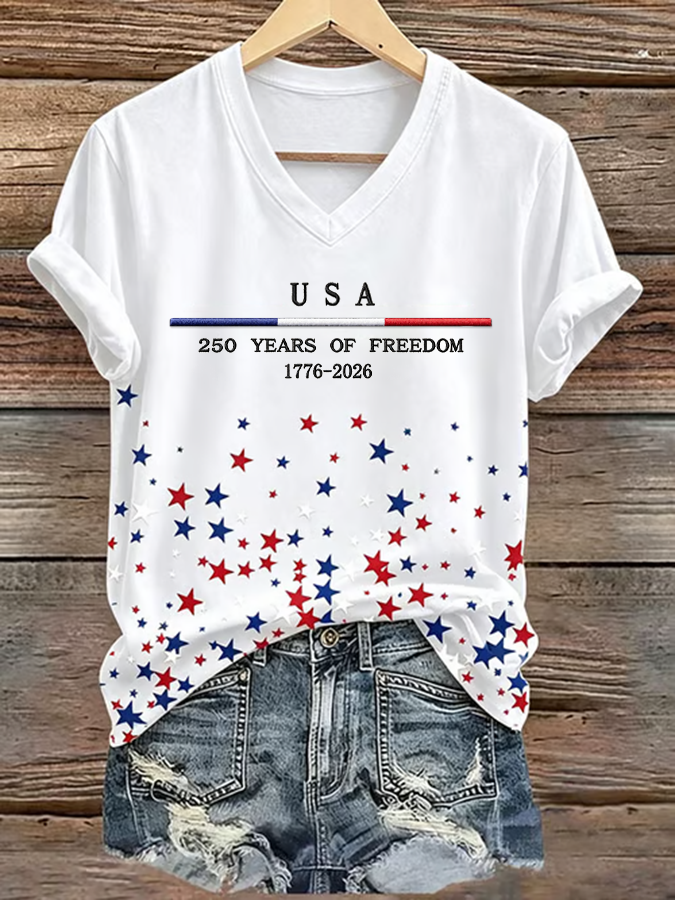 250Th Anniversary American Embroidery Commemorative V-Neck Short Sleeved T-Shirt