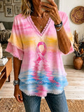 Women'S Breast Cancer Awareness Promotion Pink Cotton Linen Printed Casual Tassel Shirt