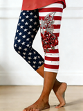 Women's Asymmetrical American Flag Butterfly Rose Rhinestone Capri Leggings
