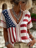 Women's Retro Independence Day Printed V-neck Cotton Hemp Top