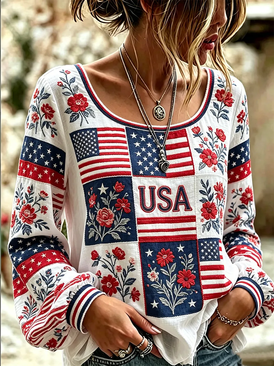 Women's Vintage American Flag Floral Art Cotton-Linen Shirt