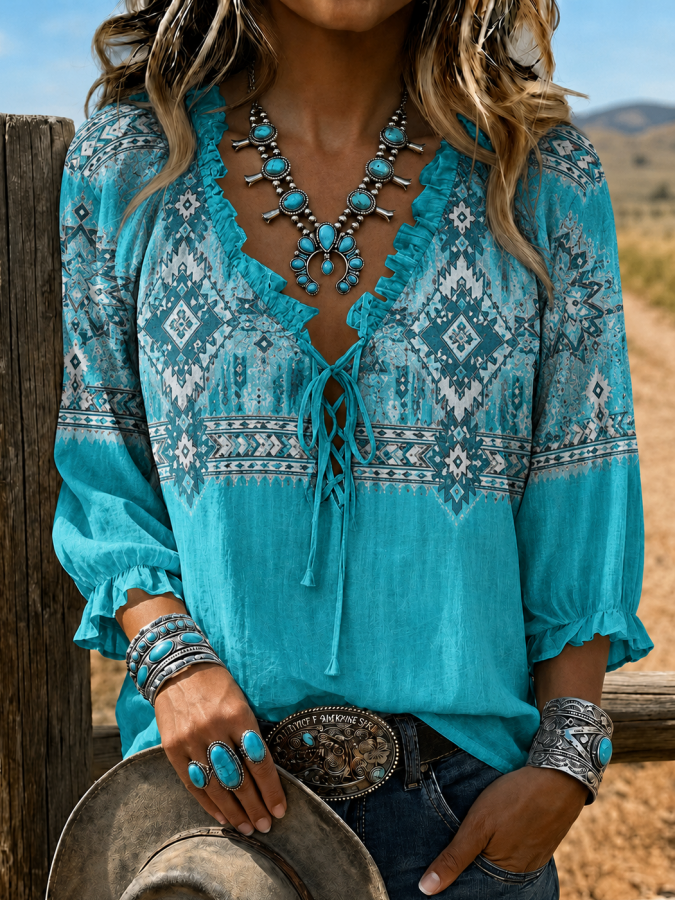 Women's Western Ethnic-Style Lace Up 3/4 Puff Sleeve Western Blouse