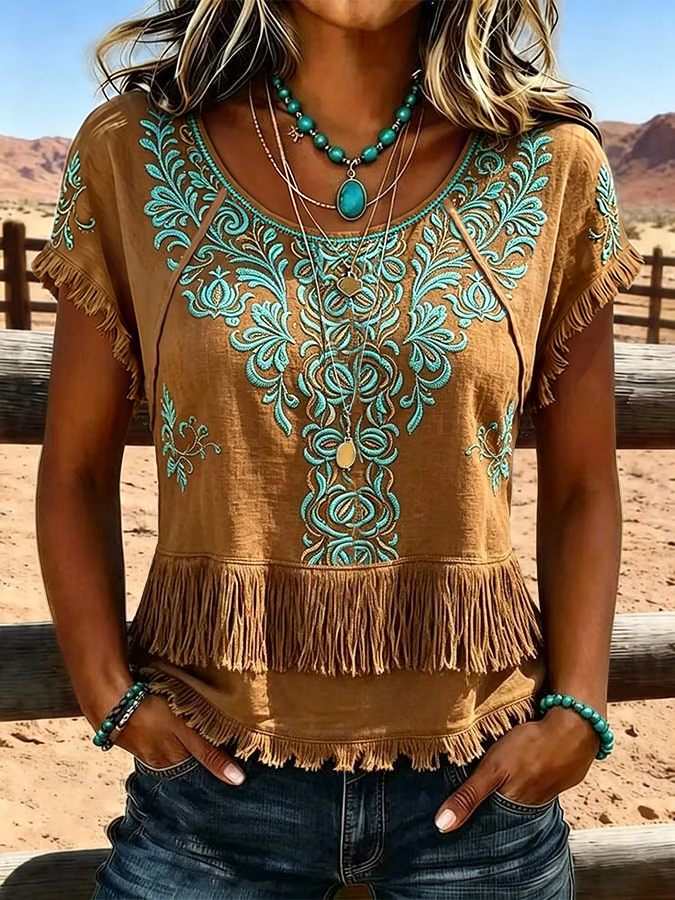 Women's Casual Tassel Patchwork Printed Top