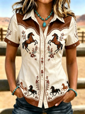 Western Style Horse Art Faith Embroidered Printed Short Sleeved Shirt
