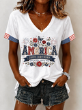 Women'S America Flag  Print Casual V-Neck T-Shirt
