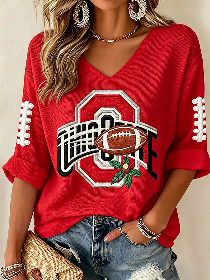 Women'S Rugby Patterned Waffle V-Neck Top