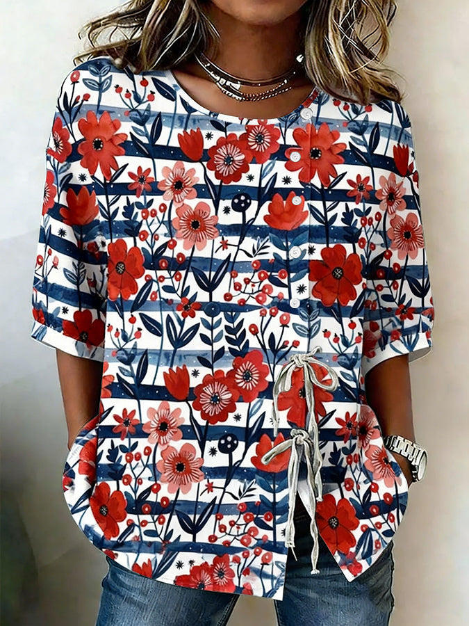 Women'S Patriotic Flower Independence Day Commemorative Printed Casual Shirt