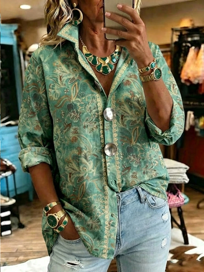 Women's Vintage Floral Print Metal Button Shirt