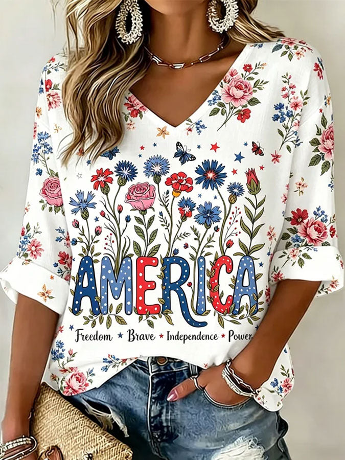 Women's Casual 250 Year Print V-Neck Short Sleeve T-Shirt