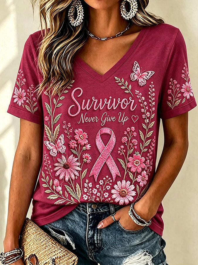 Women'S Floral Printed V-Neck T-Shirt