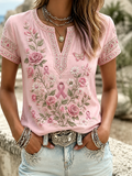 Women'S Breast Cancer Awareness Floral Art Printing Casual Short Sleeve T-Shirt