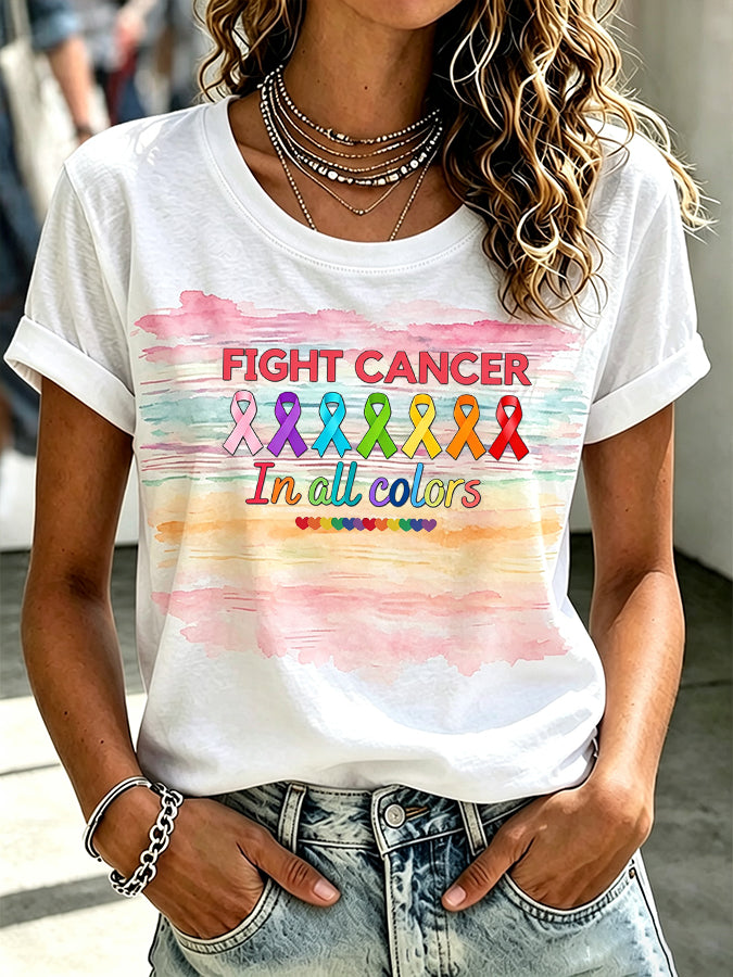 Women's Cancer Awareness Month Retro Print T-shirt