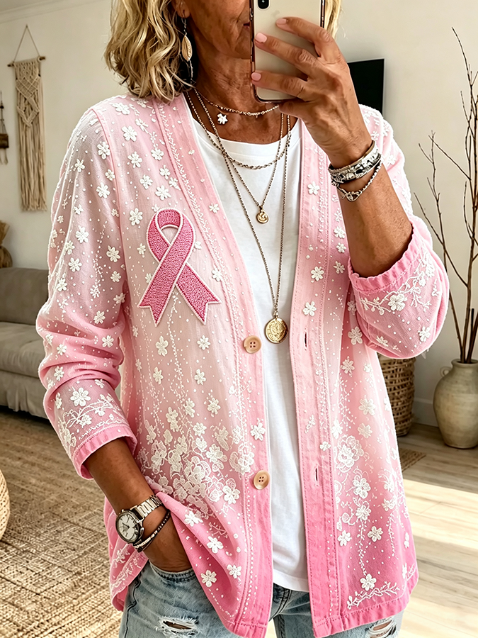 Women'S Casual Pink Ribbon Floral Gradient Cardigan Top