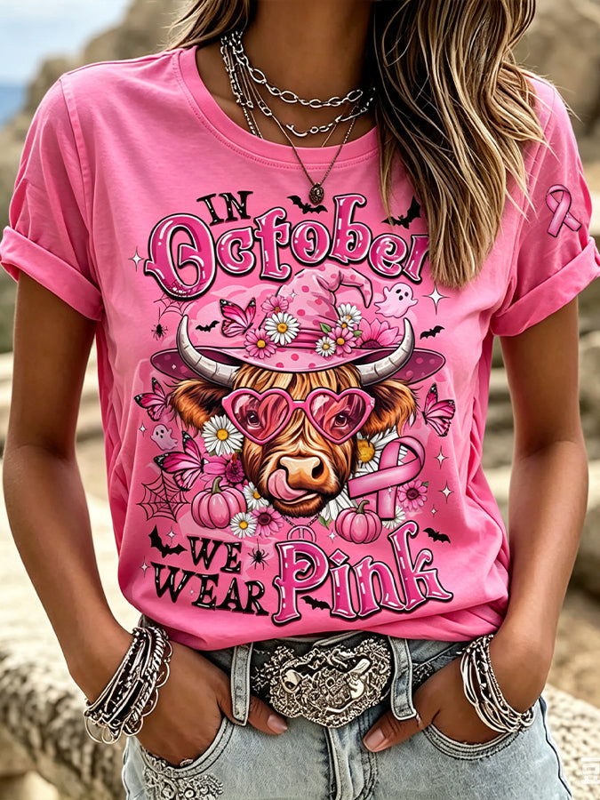 Women's Retro In October We Wear Pink Printed T-shirt