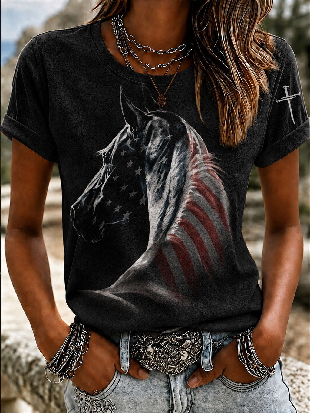 Women'S Western Horse Art Faith Art Printed Round Neck T-Shirt