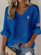 Women'S 250Th Anniversary Flag Cross Commemorative Print V-Neck