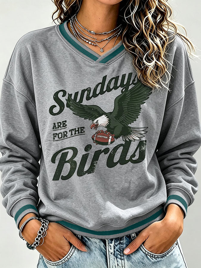 Women's Football Print V-Neck Color Block Sweatshirt
