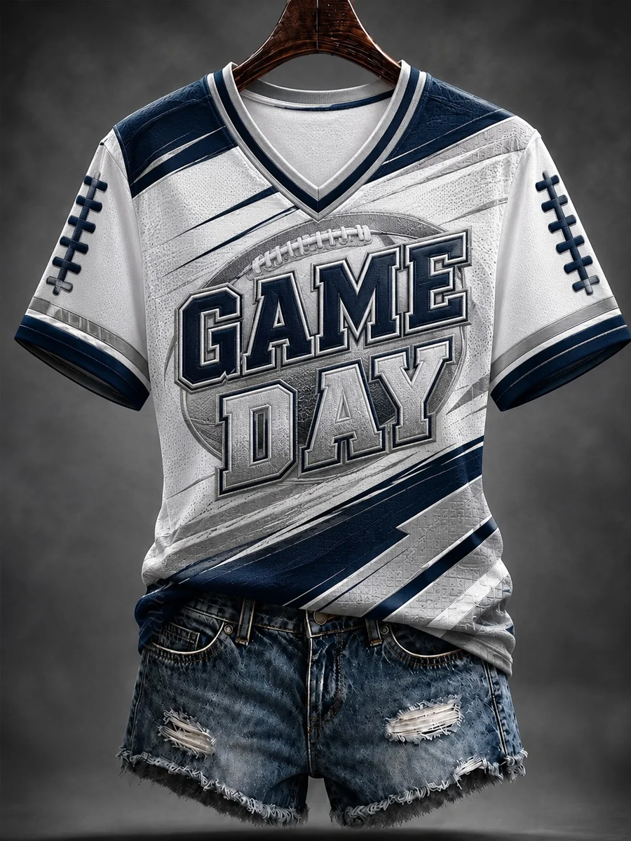Women'S Football GAME DAY Printed V-Neck T-Shirt