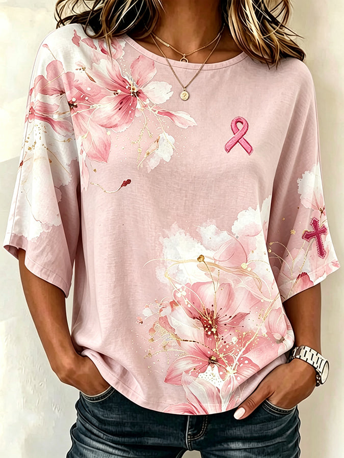 Women's Pink Art Print Crew Neck Top