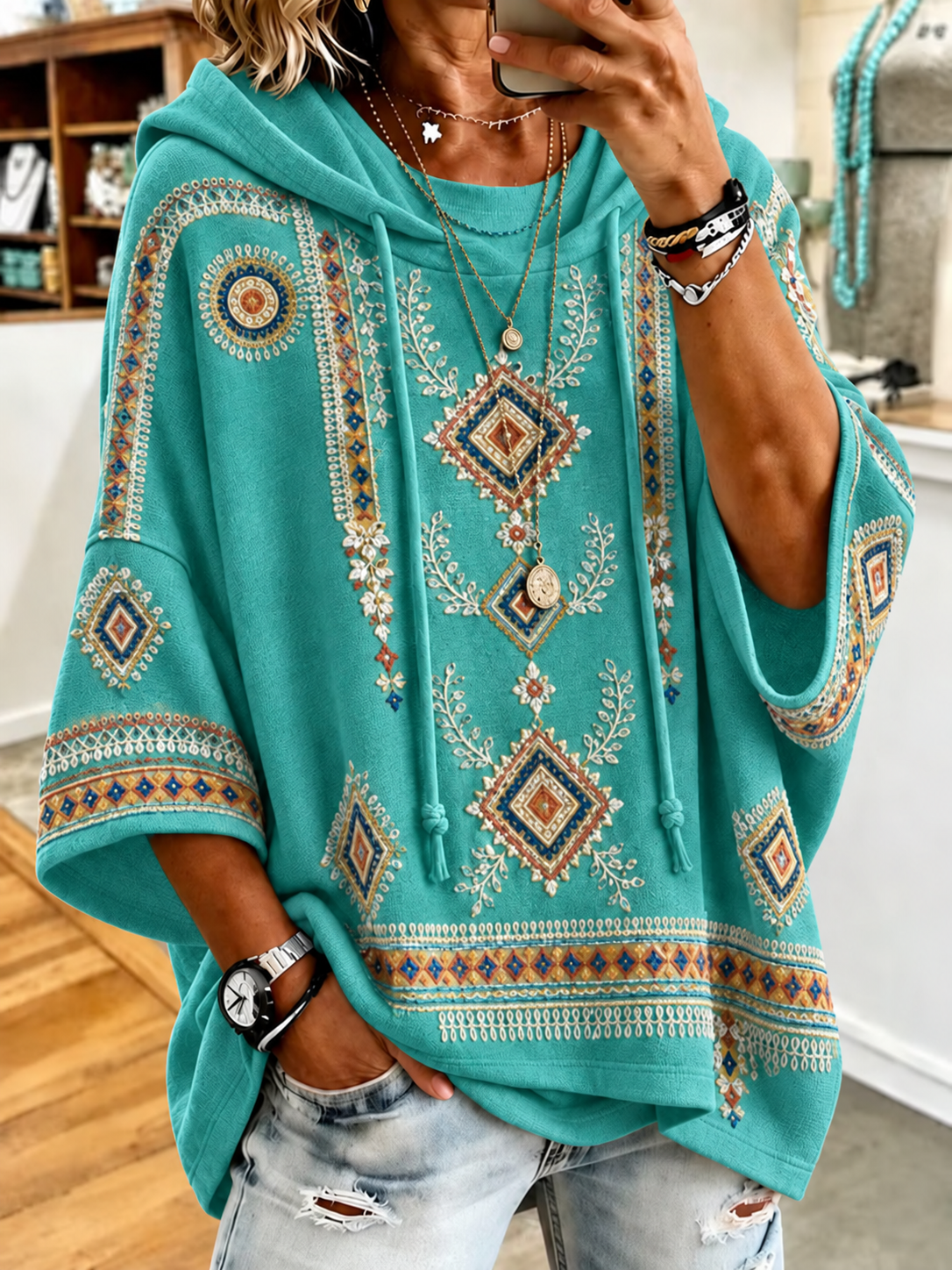 Women’s Retro Western Style Print Hoodie