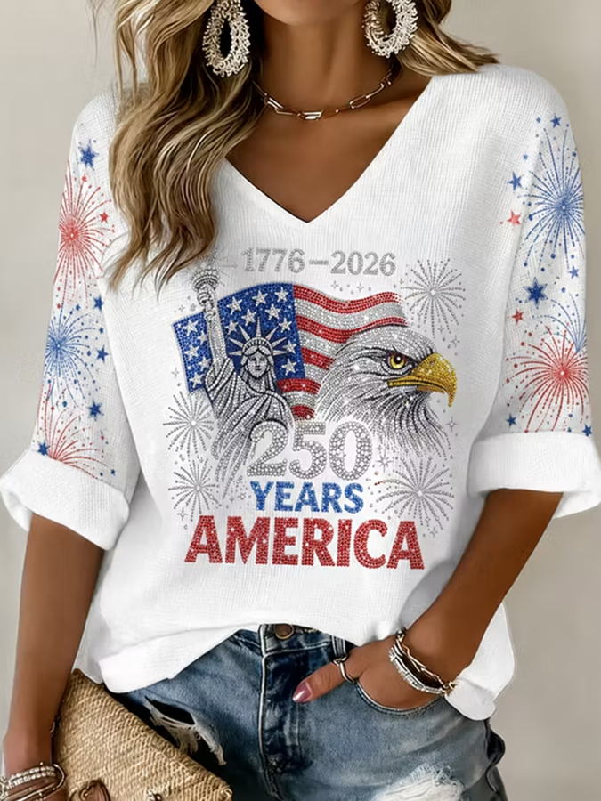 Women's American Flag Printed Casual Waffle Long Sleeve T-shirt