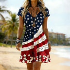 Ladies' Casual American Five-Star Flag Fluttering Colorful Flag V-Neck Short Sleeved Dress