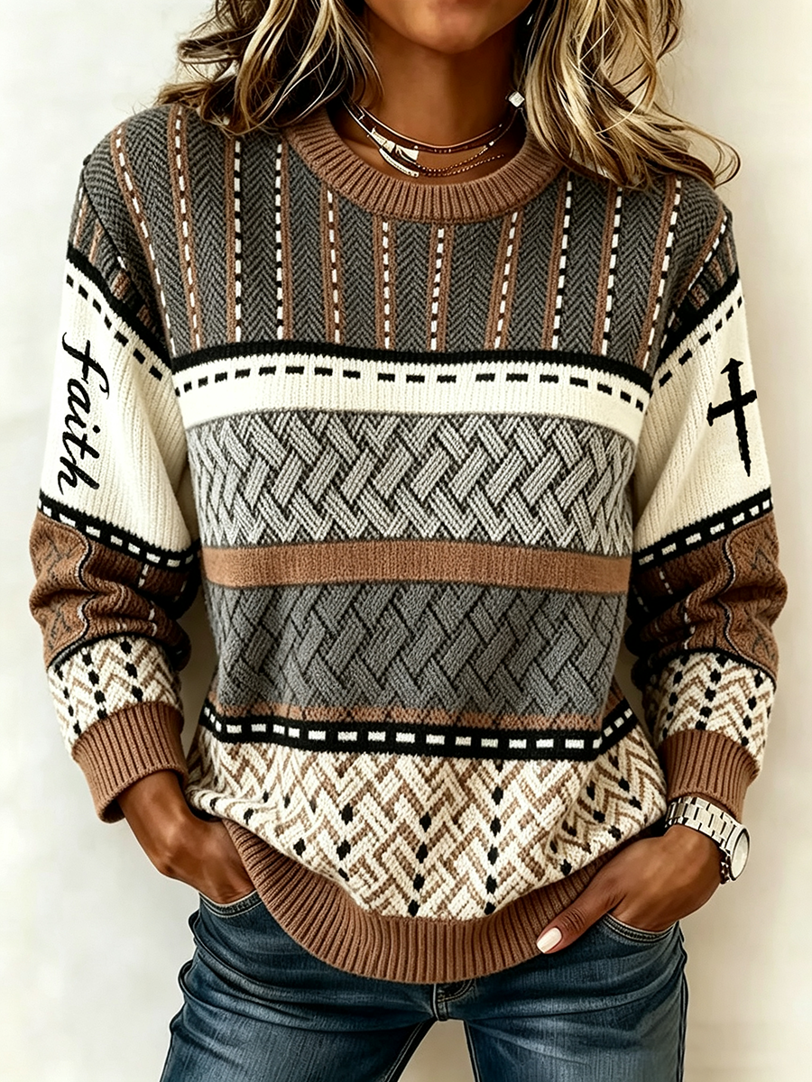 Ladies' Casual Ethnic Stripe Faith Printed Arctic Velvet Round Neck Top