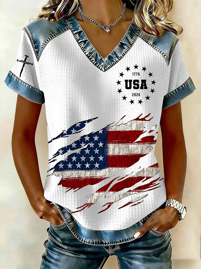 Women'S Retro American Independence Day 250Th Anniversary Printed V-Neck Short Sleeved T-Shirt