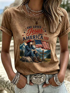 Women'S Western Style American Flag Love Jesus And American Casual Round Neck T-Shirt