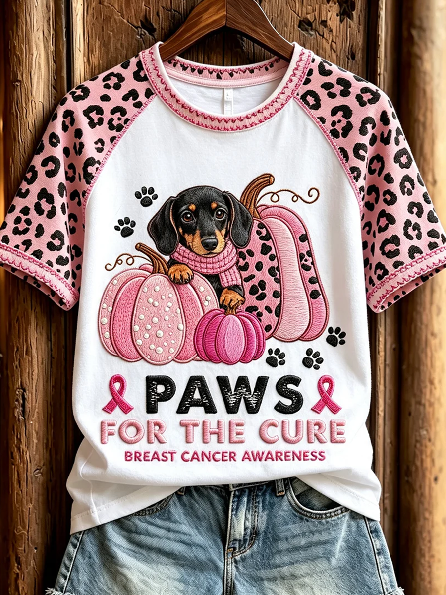 Women's Paws for the Cure Breast Cancer Awareness Dachshund & Pink Pumpkins Print short-sleeved T-shirt