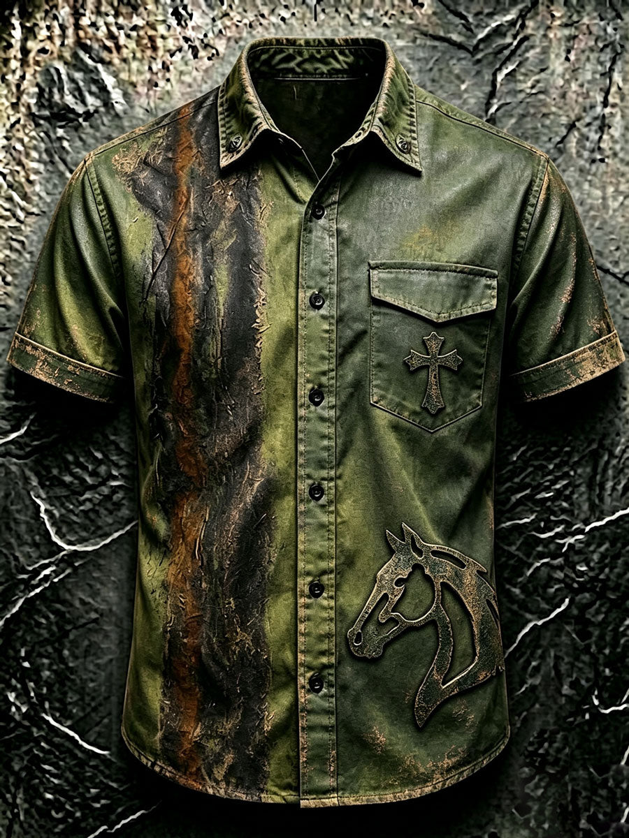 Men'S Western-Style Retro Color-Blocked Horse-Themed Short-Sleeved Shirt