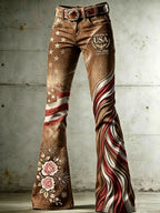 Women's High-Waisted Jeans with Cross, Flag, Butterfly, and Floral Patterns